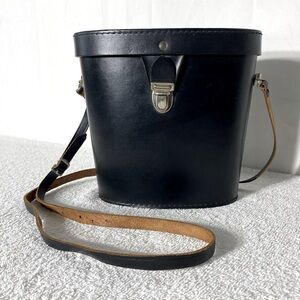 Vintage Black Leather Binoculars Case with Strap & Lens Caps